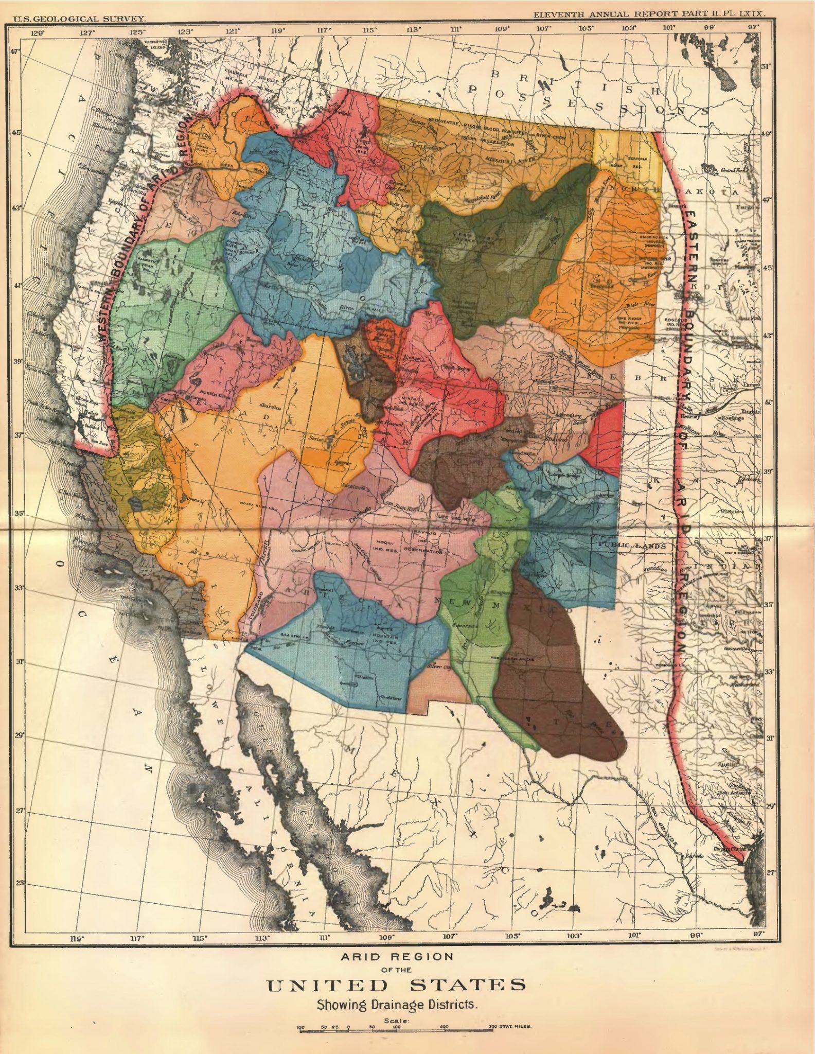 Arid Region of the United States, Showing Drainage Districts — U.S. Geological Survey, Eleventh Annual Report